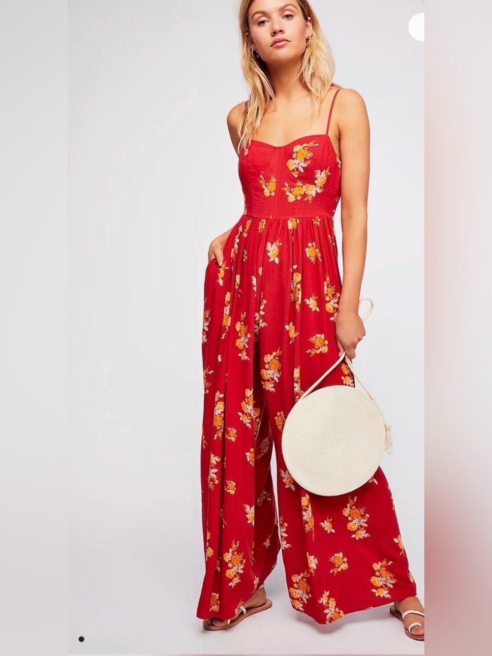 FREE PEOPLE Rayon Floral Wide-Leg Jumpsuit **SIZE TAG REMOVED**